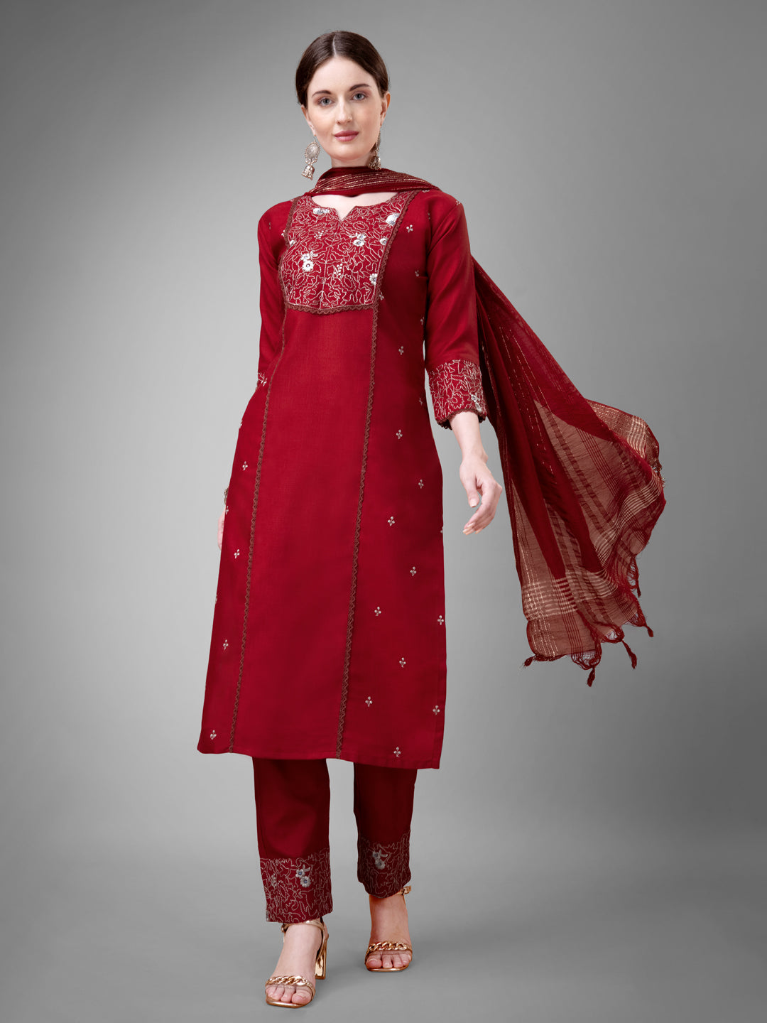 Contemporary Ethnic Outfit - Stitched Kurti with Pants And Designer Dupatta