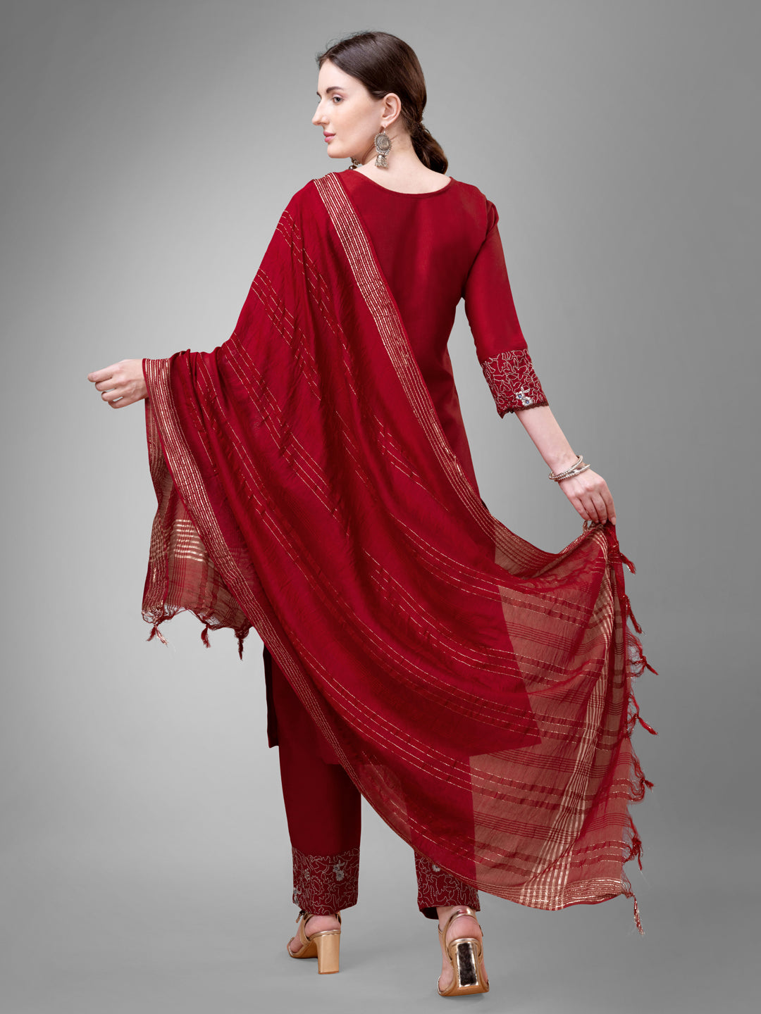 Contemporary Ethnic Outfit - Stitched Kurti with Pants And Designer Dupatta