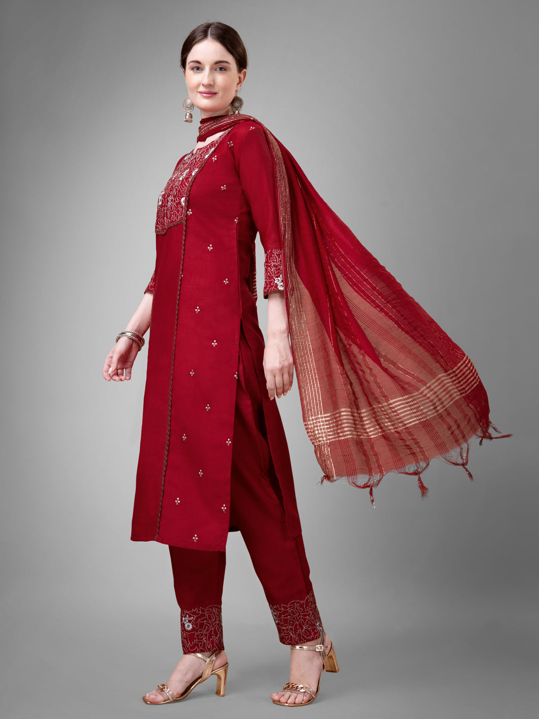 Contemporary Ethnic Outfit - Stitched Kurti with Pants And Designer Dupatta