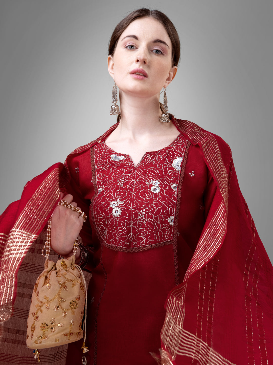 Contemporary Ethnic Outfit - Stitched Kurti with Pants And Designer Dupatta