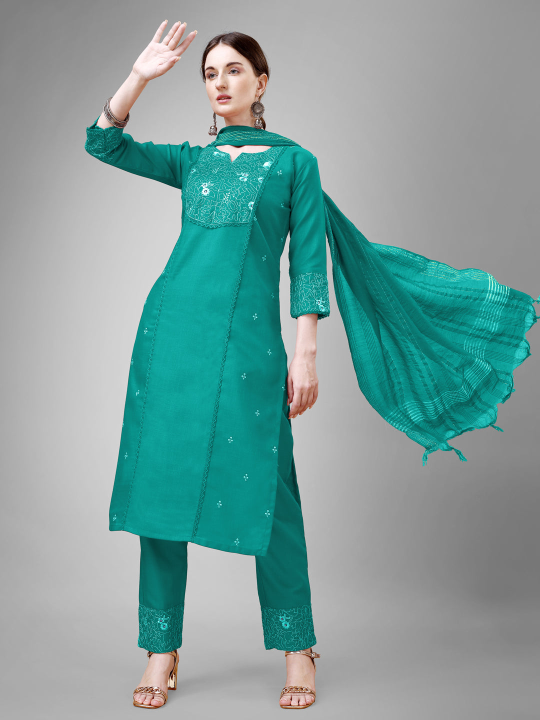Festive Ready Kurti Suit Set with Embellished Dupatta