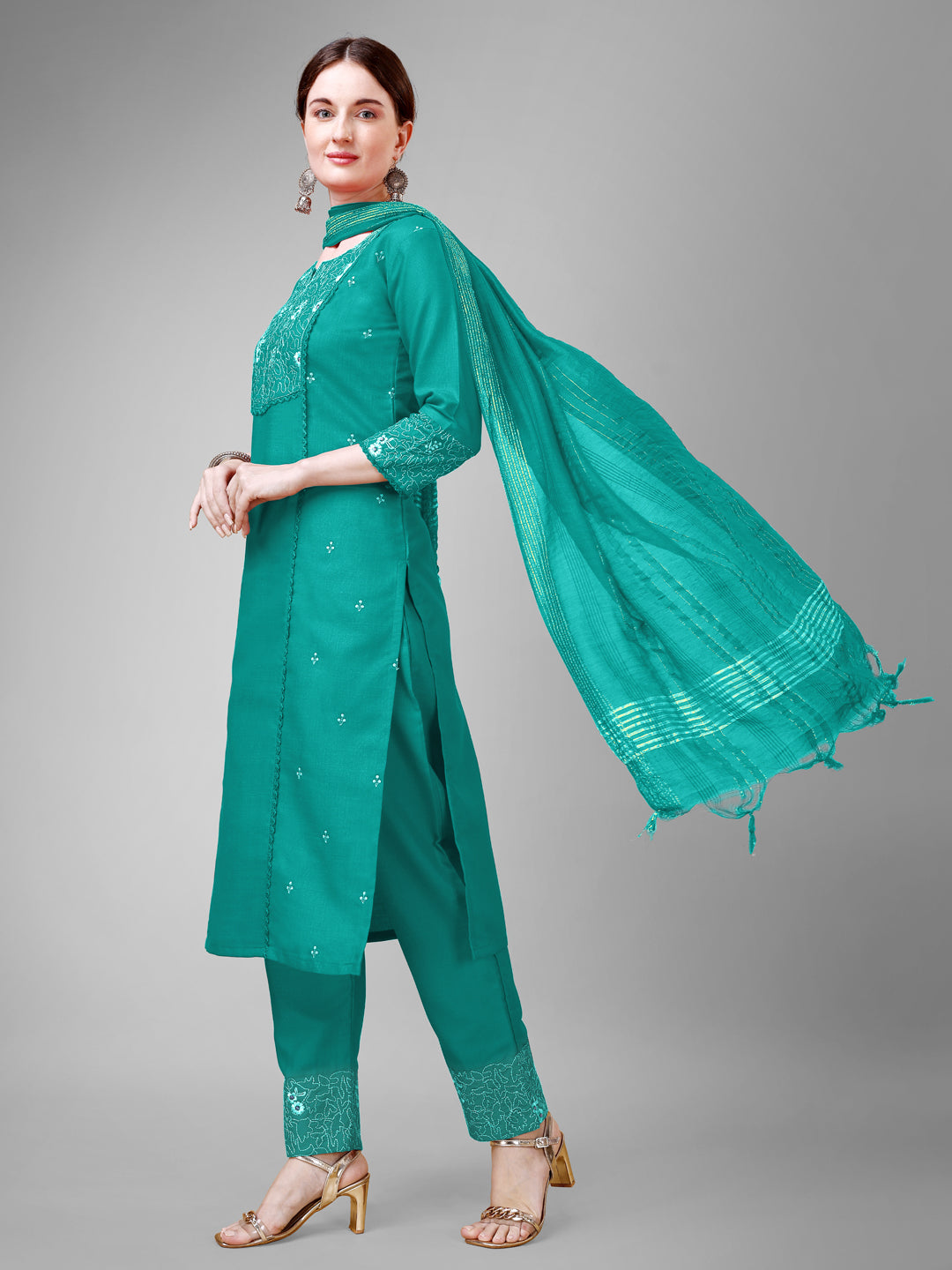 Festive Ready Kurti Suit Set with Embellished Dupatta