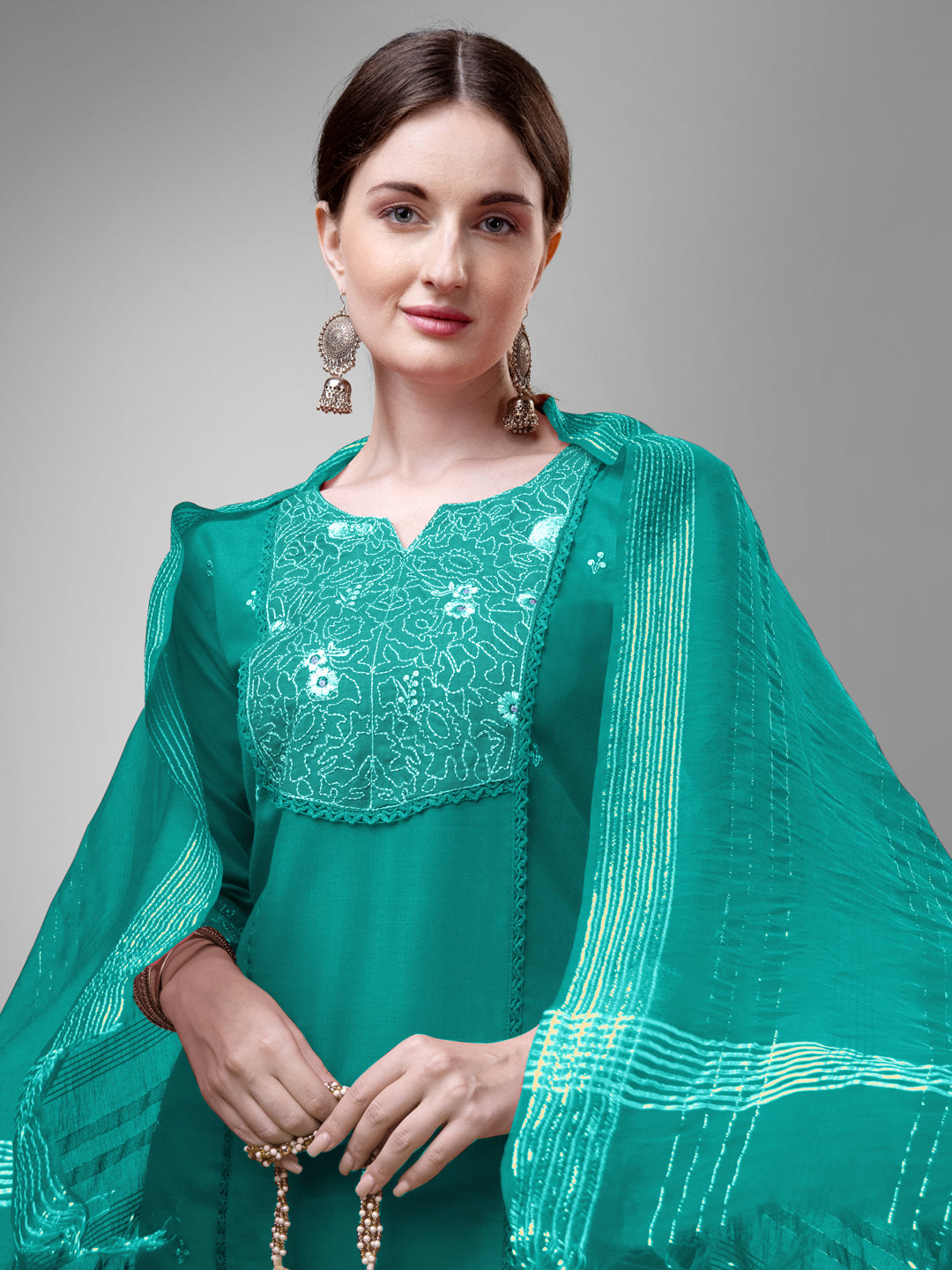 Festive Ready Kurti Suit Set with Embellished Dupatta