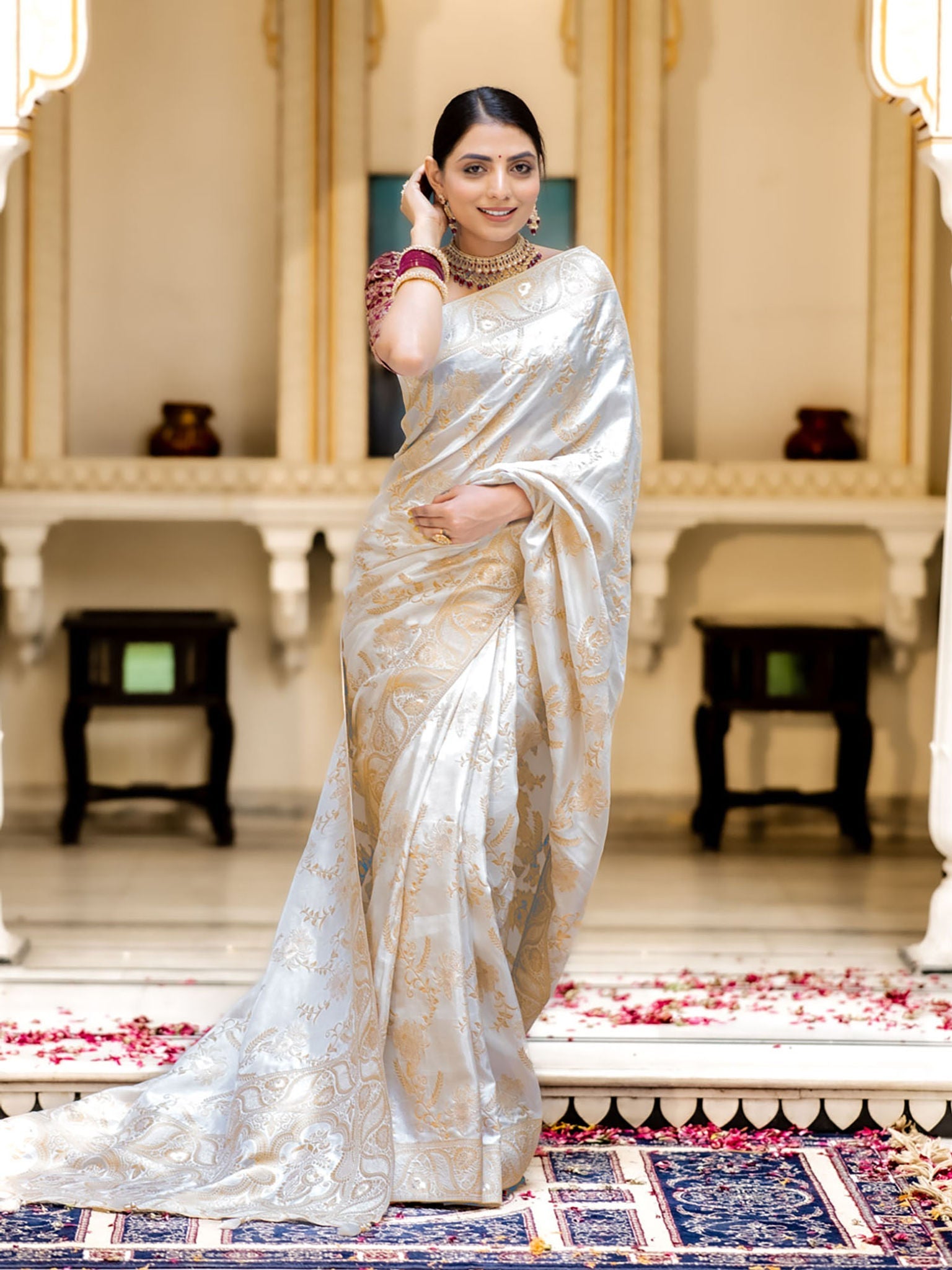 Runglory Designer Litchi Silk White Printed Saree