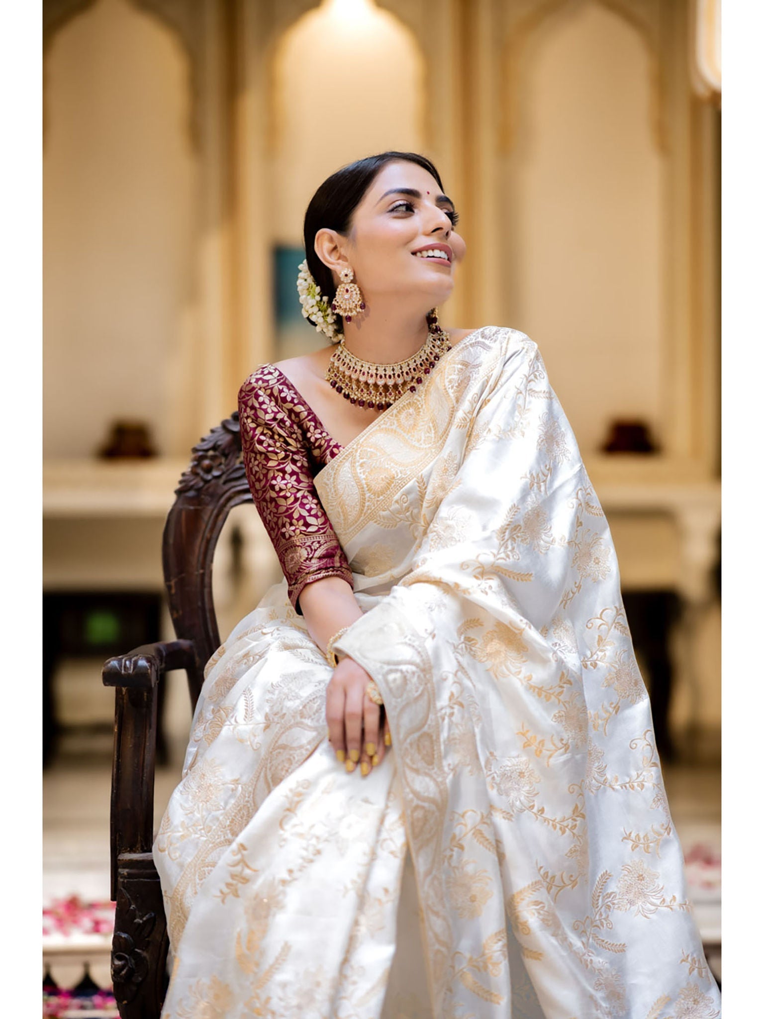 Runglory Designer Litchi Silk White Printed Saree