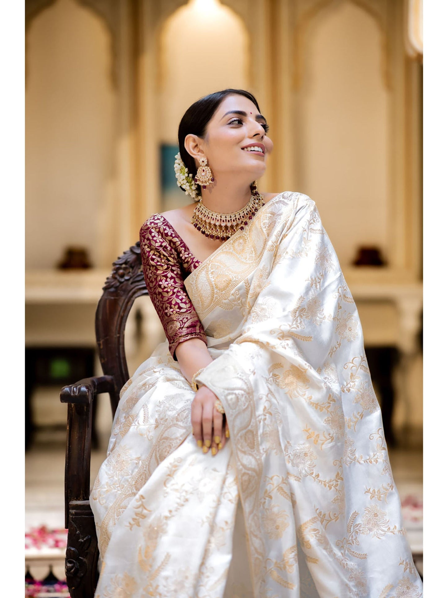 Runglory Designer Litchi Silk White Printed Saree