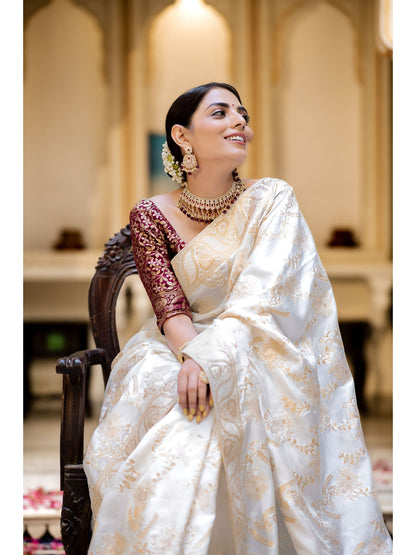 Runglory Designer Litchi Silk White Printed Saree