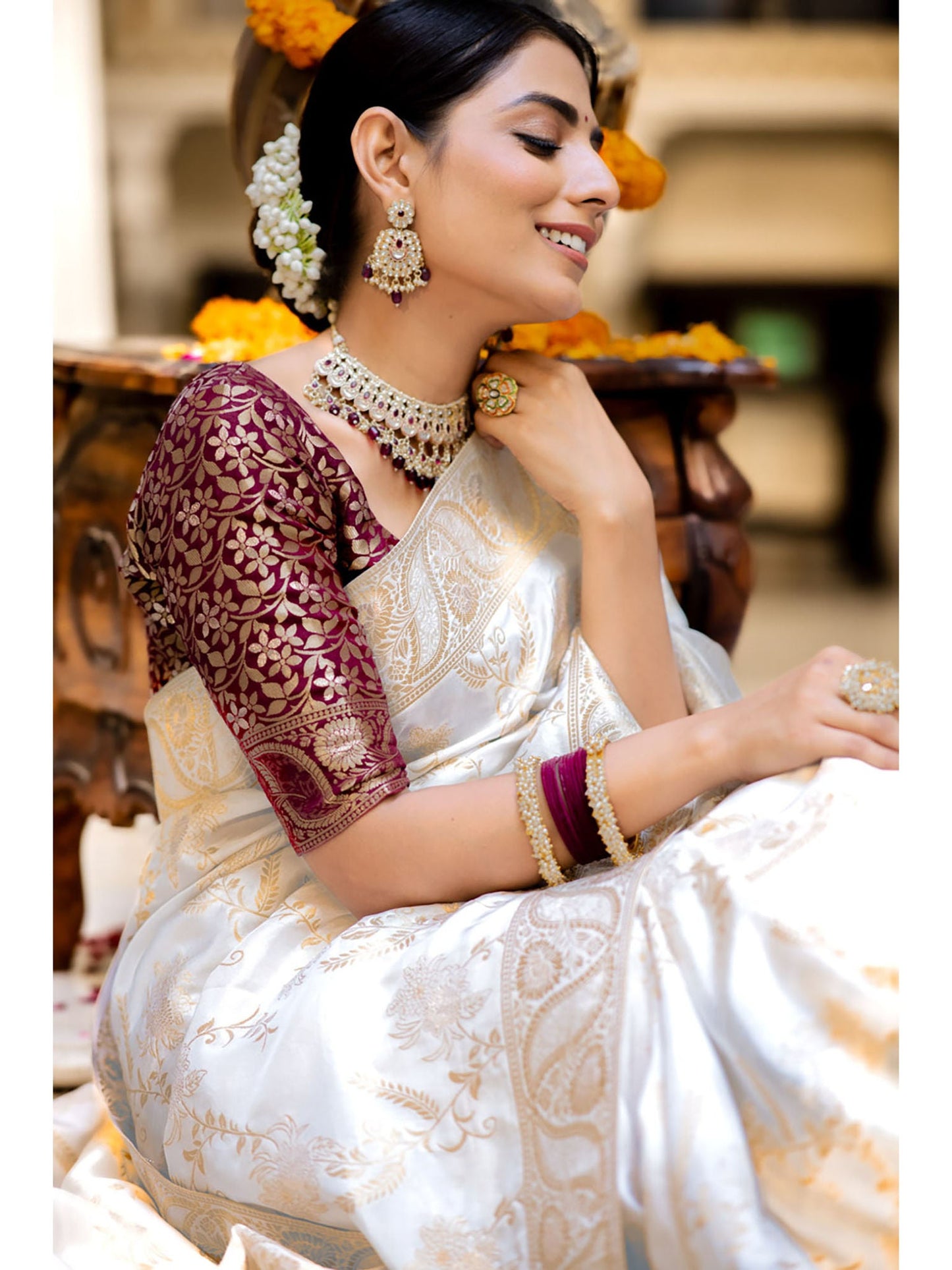 Runglory Designer Litchi Silk White Printed Saree