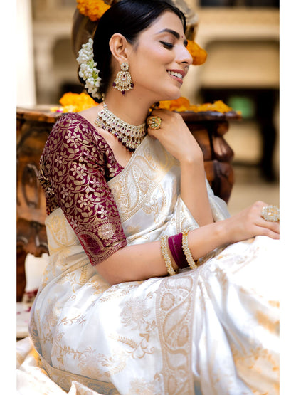 Runglory Designer Litchi Silk White Printed Saree-Minimum Qty -10 Pic