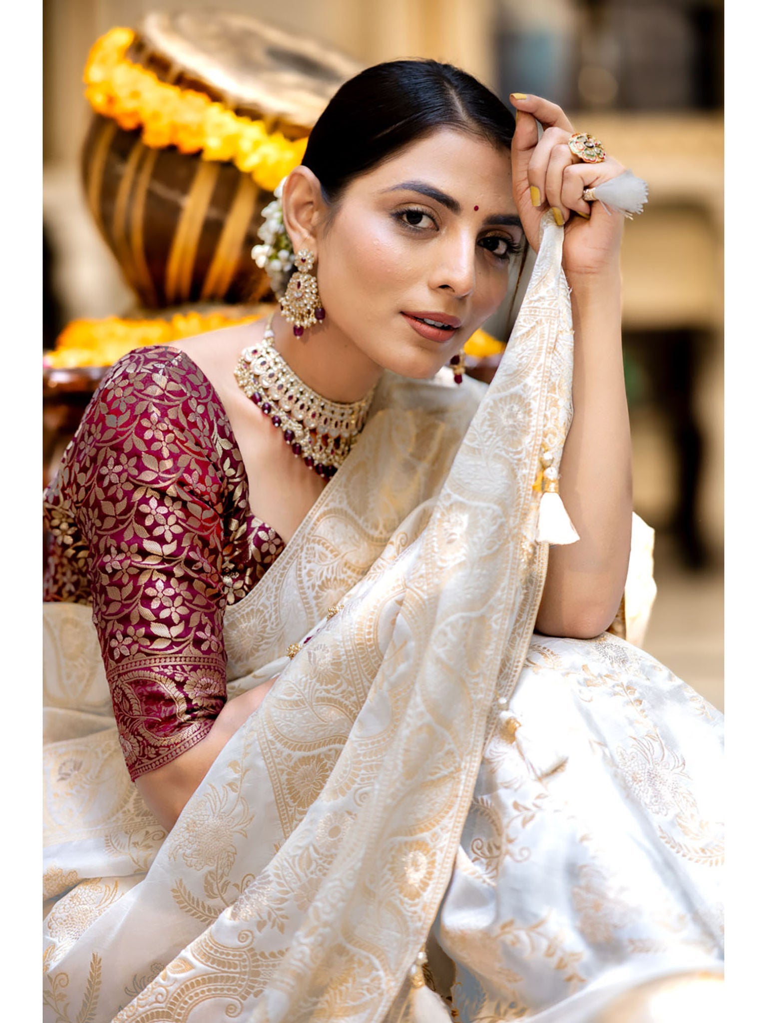 Runglory Designer Litchi Silk White Printed Saree