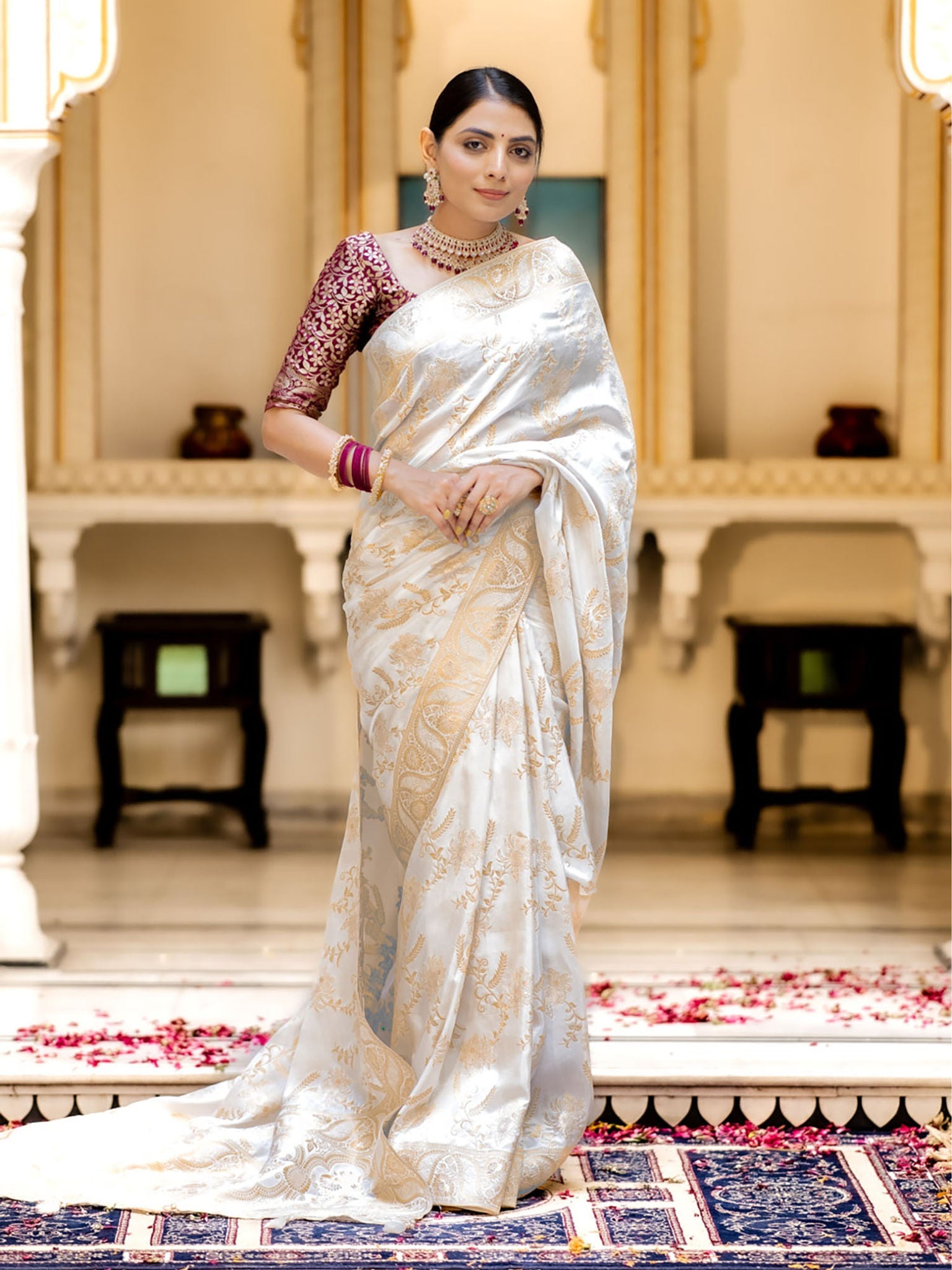 Runglory Designer Litchi Silk White Printed Saree