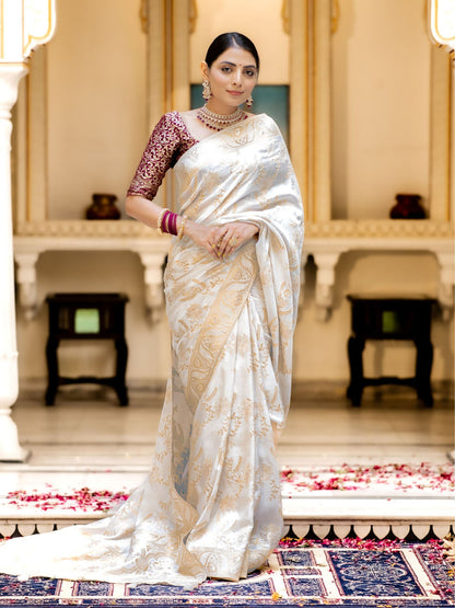 Runglory Designer Litchi Silk White Printed Saree