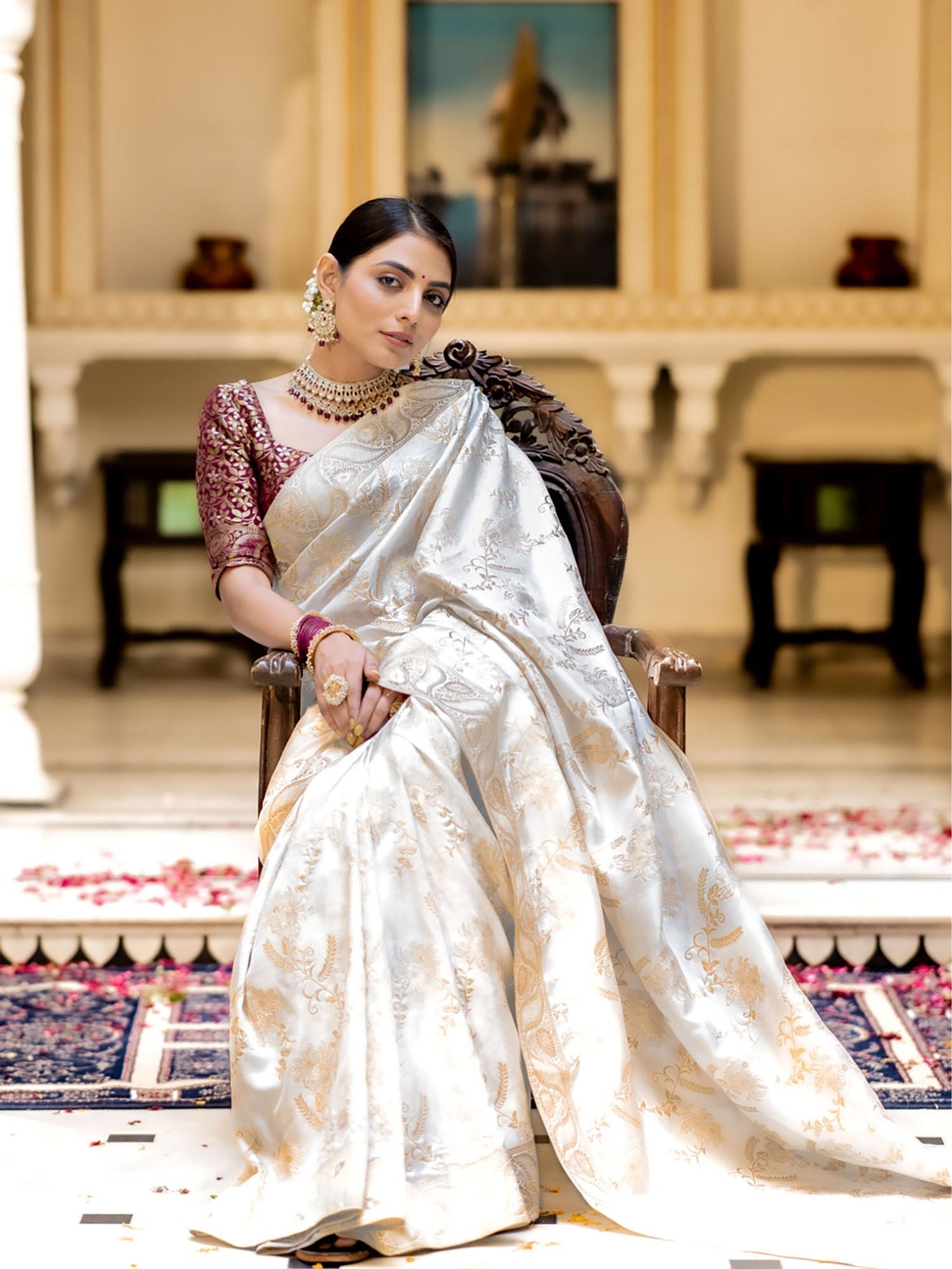 Runglory Designer Litchi Silk White Printed Saree