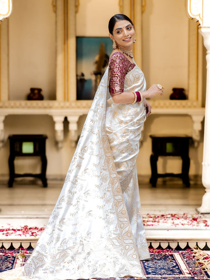 Runglory Designer Litchi Silk White Printed Saree