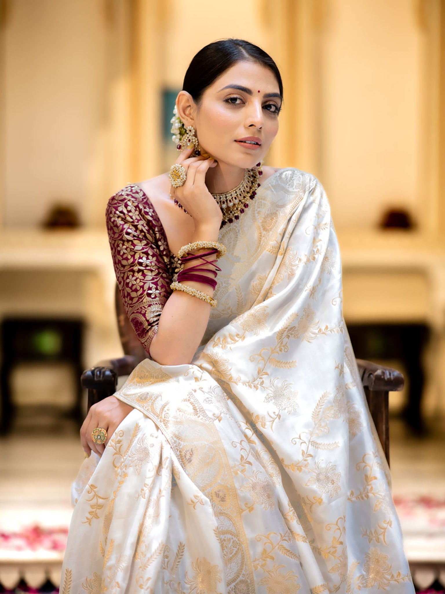Runglory Designer Litchi Silk White Printed Saree