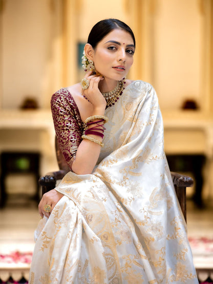 Runglory Designer Litchi Silk White Printed Saree-Minimum Qty -10 Pic