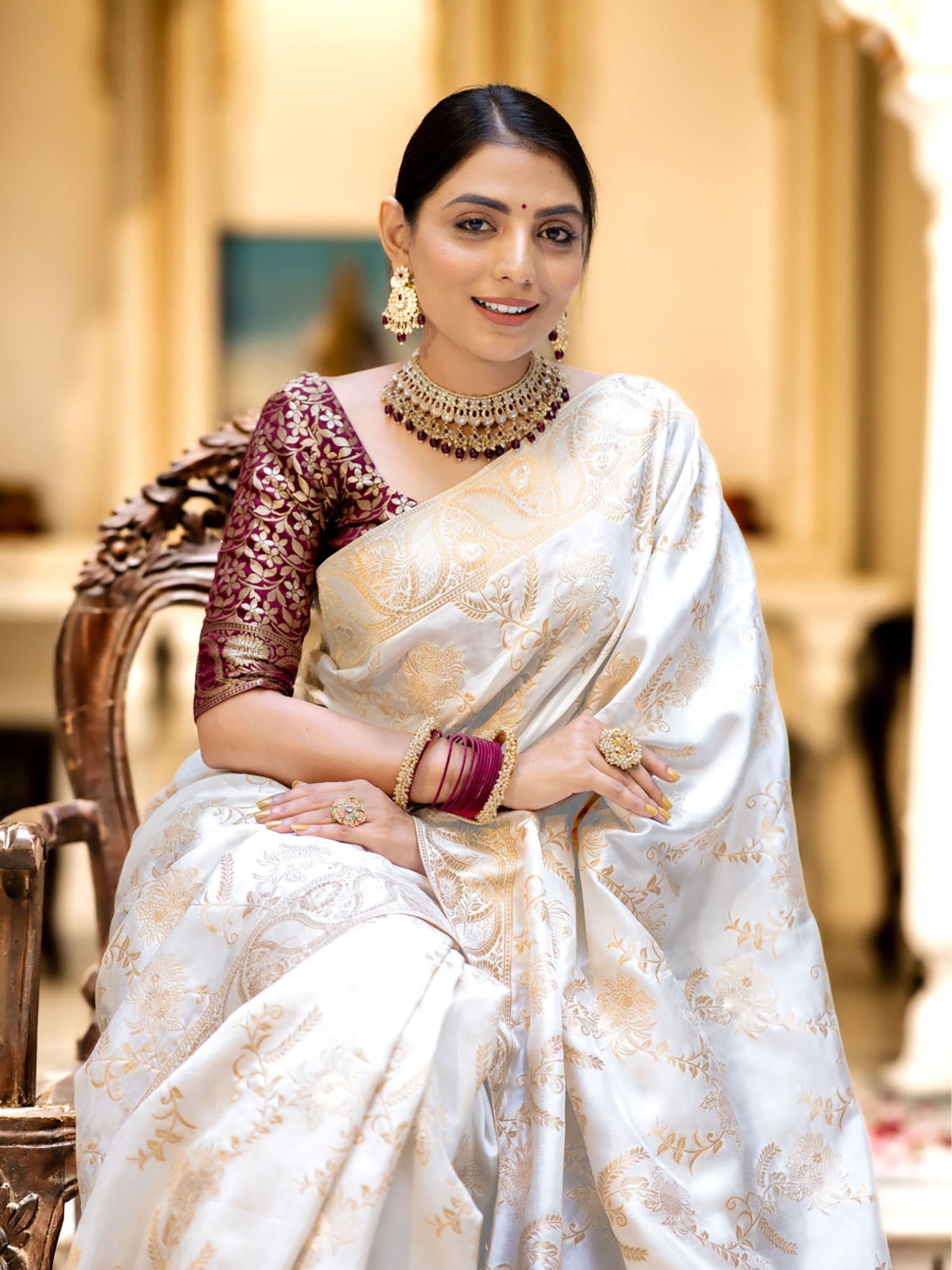 Runglory Designer Litchi Silk White Printed Saree