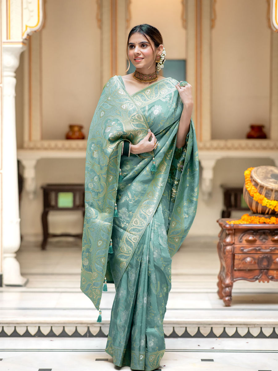 Runglory Elegant Aqua Blue Litchi Silk Saree