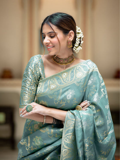 Runglory Elegant Aqua Blue Litchi Silk Saree