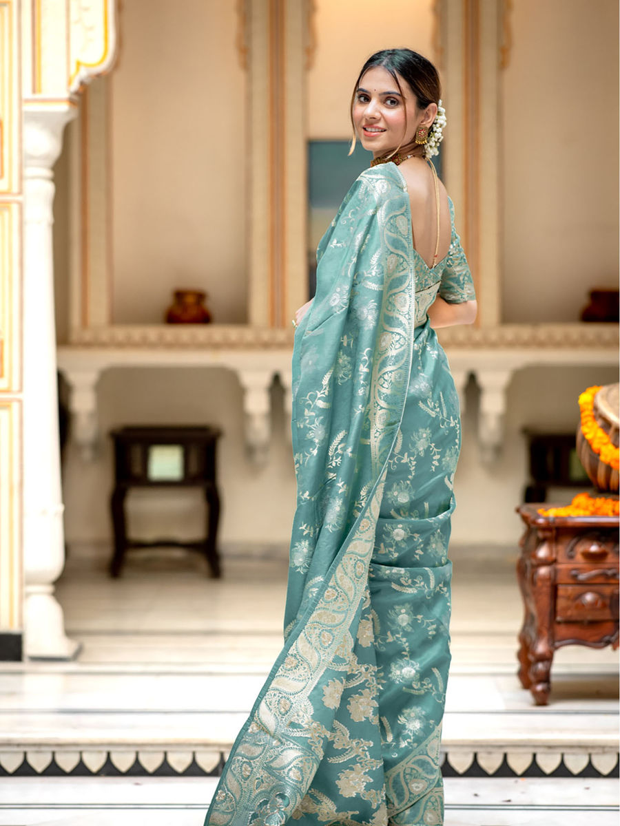 Runglory Elegant Aqua Blue Litchi Silk Saree