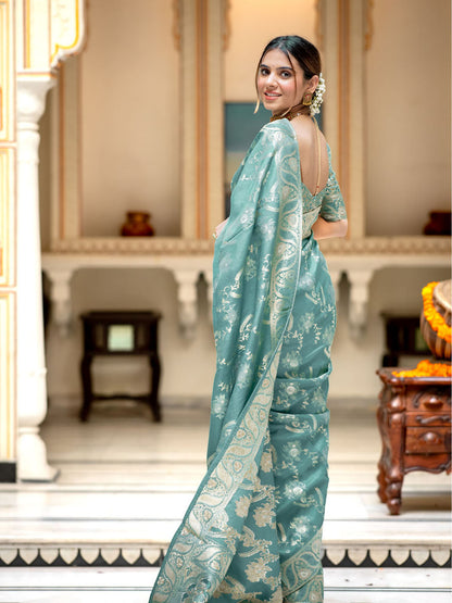 Runglory Elegant Aqua Blue Litchi Silk Saree