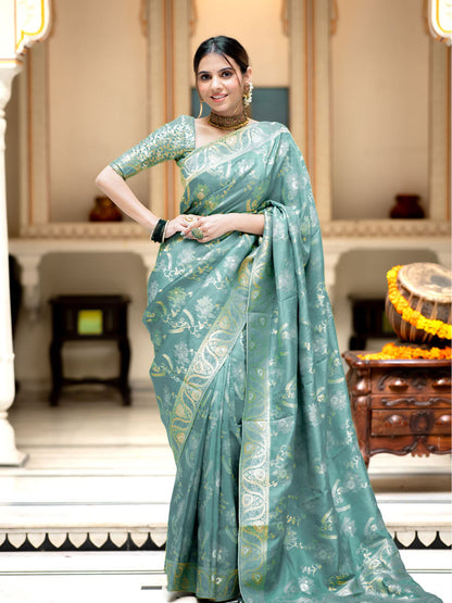 Runglory Elegant Aqua Blue Litchi Silk Saree