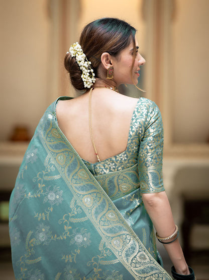 Runglory Elegant Aqua Blue Litchi Silk Saree