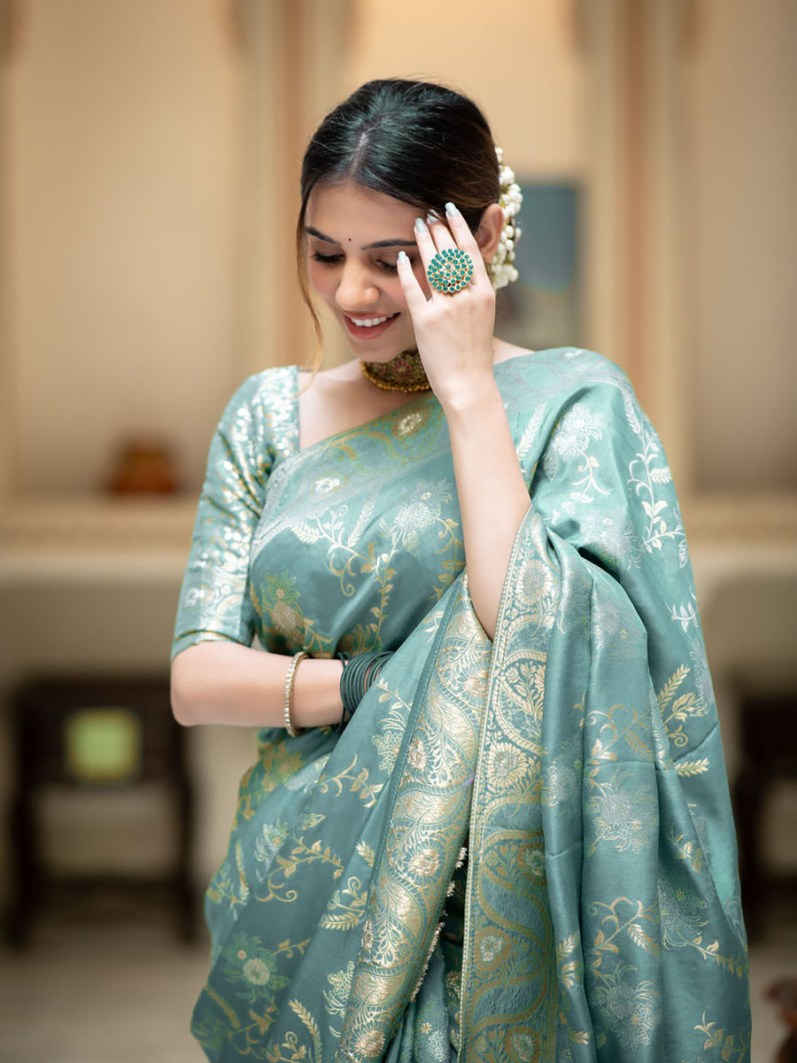 Runglory Elegant Aqua Blue Litchi Silk Saree