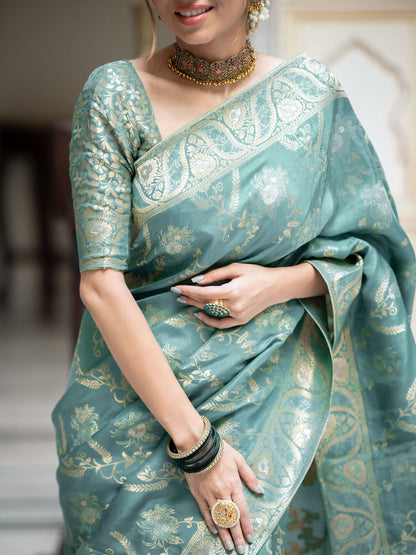 Runglory Elegant Aqua Blue Litchi Silk Saree