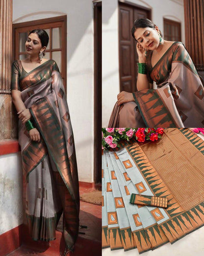 Runglory Elegant Grey Banarasi Kanjivaram Litchi Silk Saree