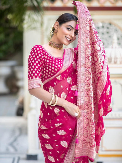 Runglory Royal Bloom Pink Banarasi Saree