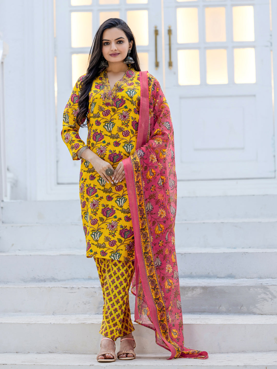 3-Piece Festival Kurti Set | Fully Stitched Cotton with Pant And Dupatta