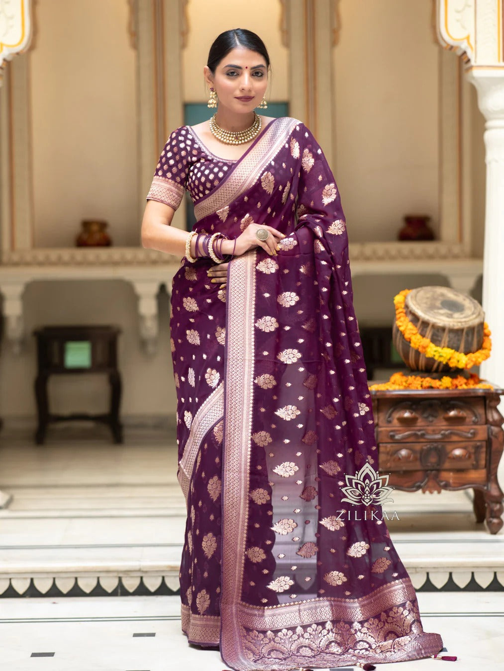 Regal Banarasi Silk Saree with Intricate Brocade & Golden Zari Accents-Minimum Qty -10 Pic