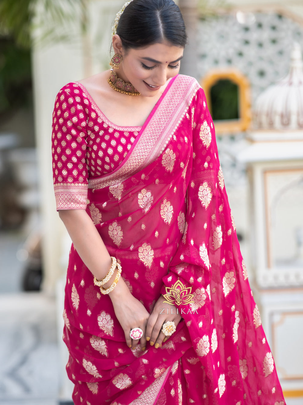 Runglory Royal Bloom Pink Banarasi Saree