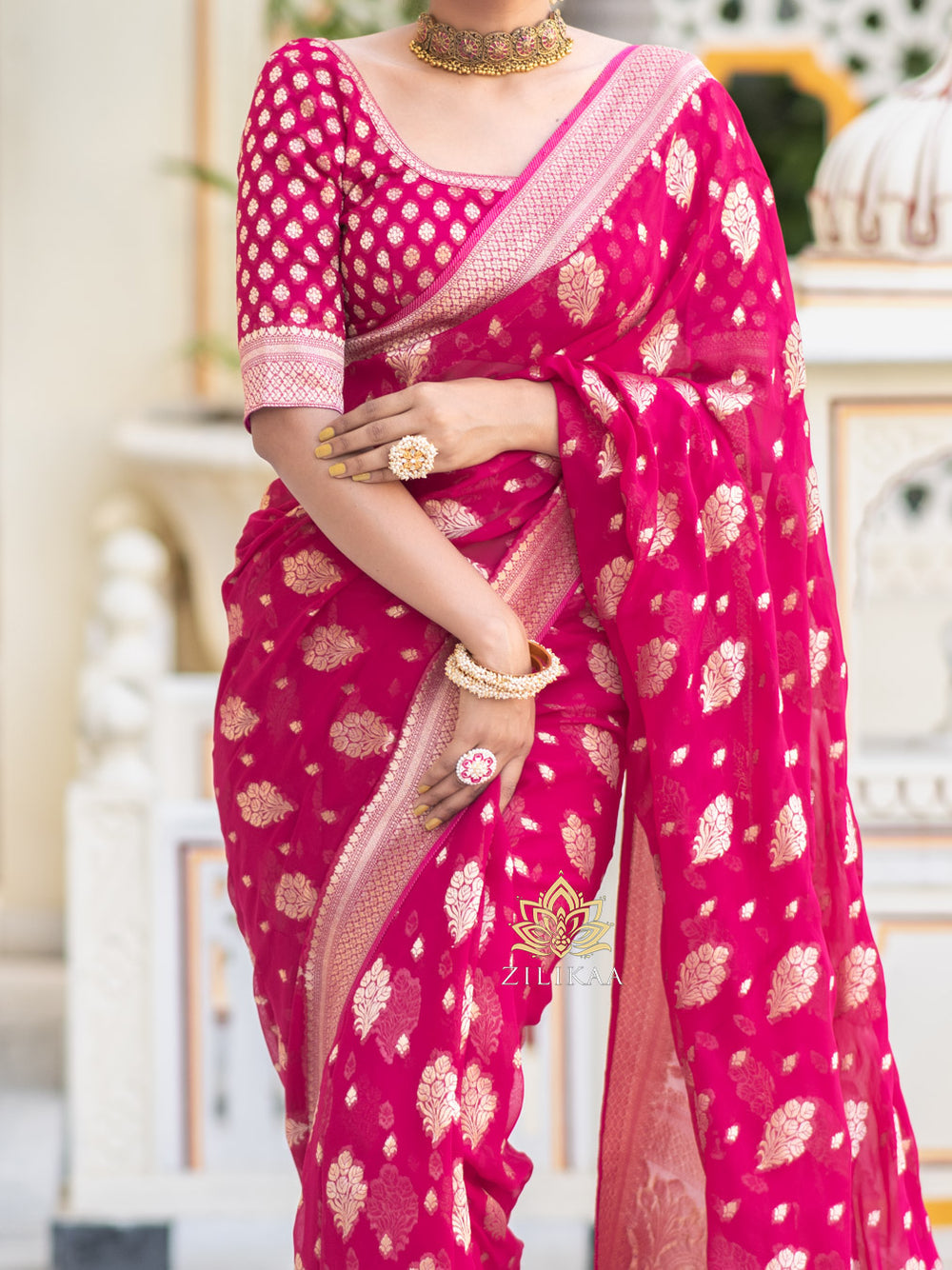 Runglory Royal Bloom Pink Banarasi Saree