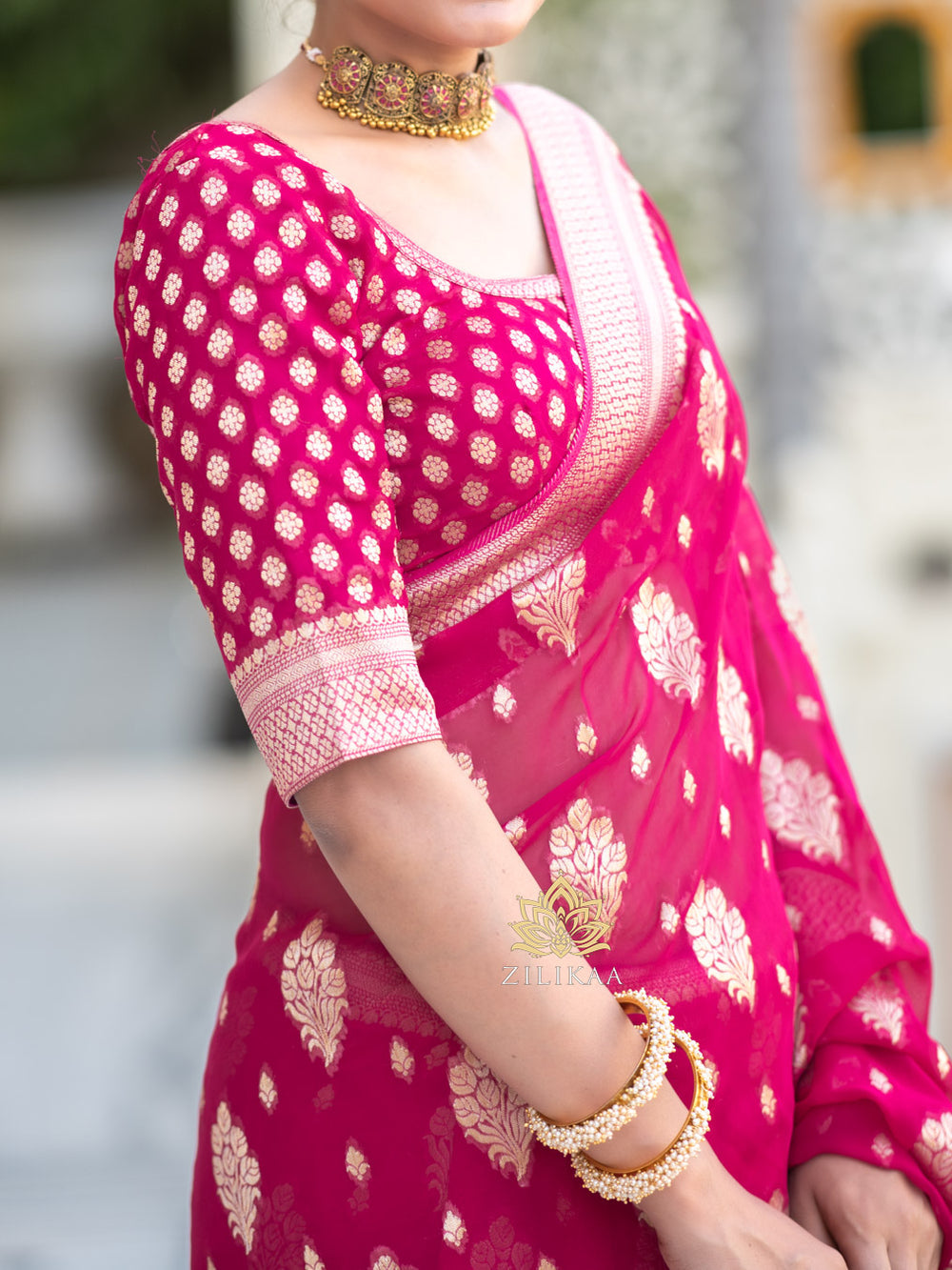 Runglory Royal Bloom Pink Banarasi Saree
