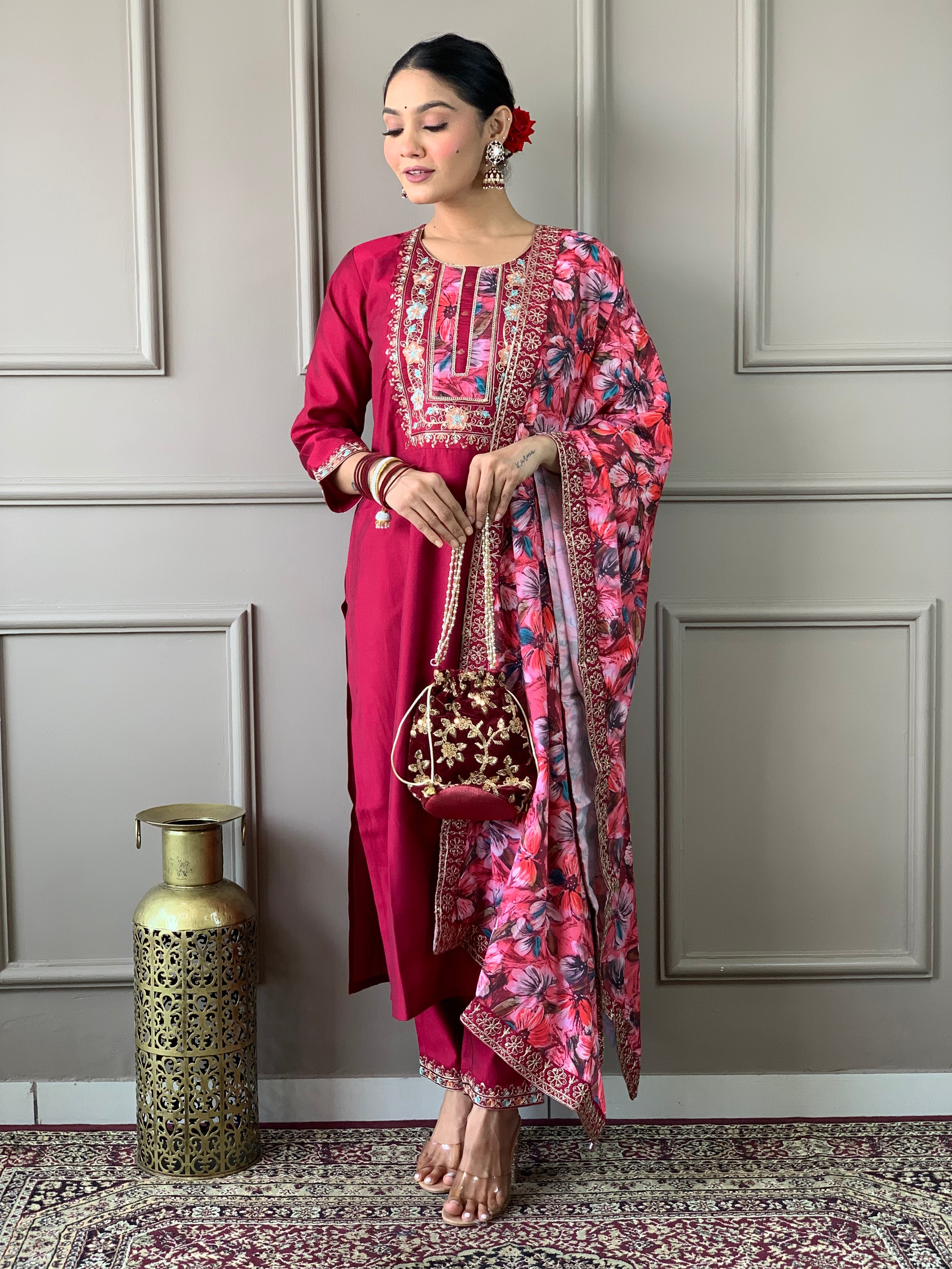 Floral Handwork Chanderi Kurta Payjam Set With Dupatta-Minimum Qty -10 Pic