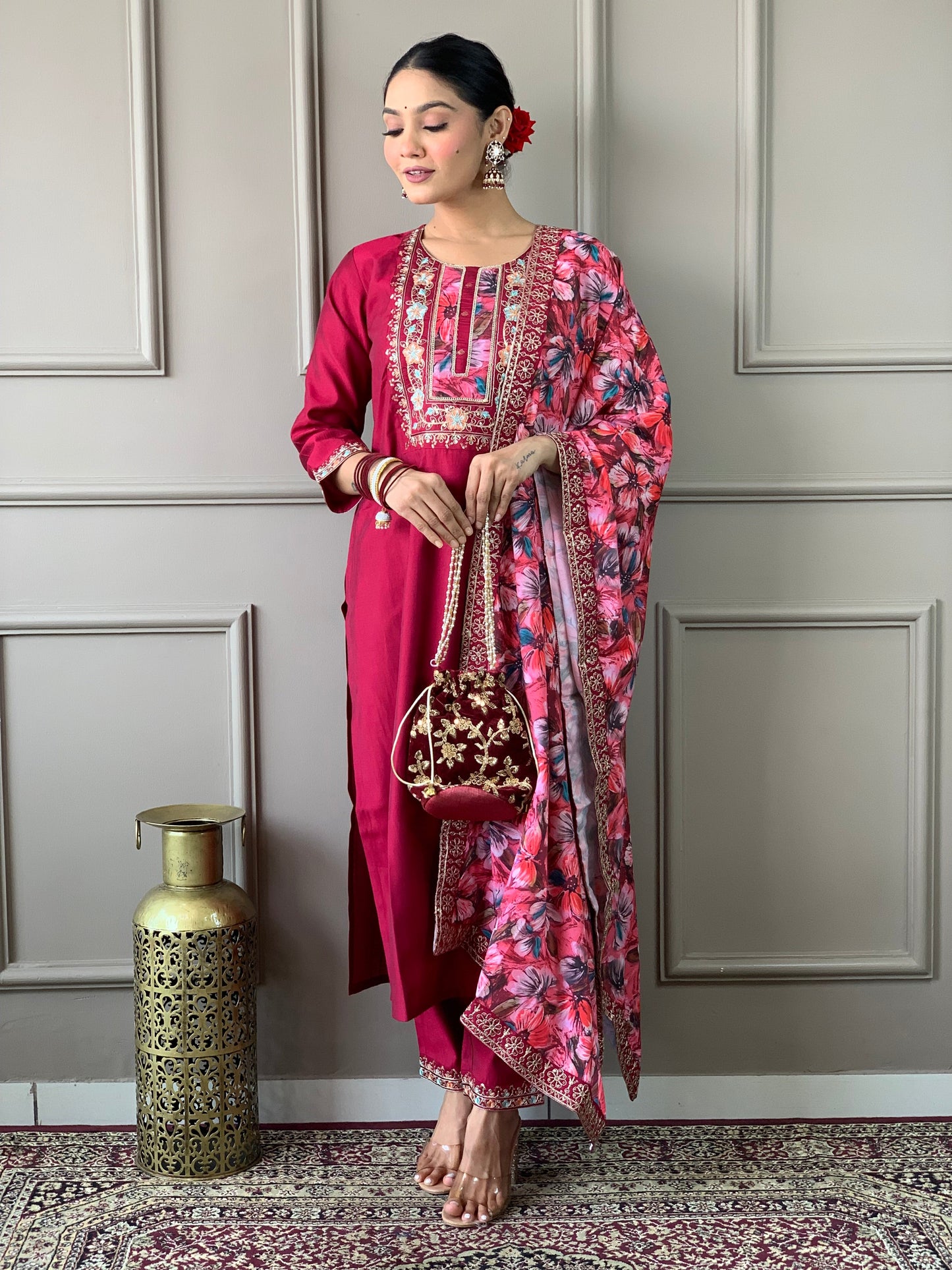 Floral Handwork Chanderi Kurta Payjam Set With Dupatta-Minimum Qty -10 Pic