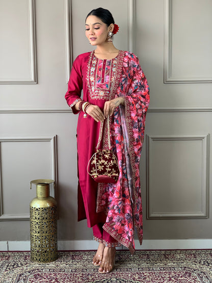 Floral Handwork Chanderi Kurta Payjam Set With Dupatta-Minimum Qty -10 Pic