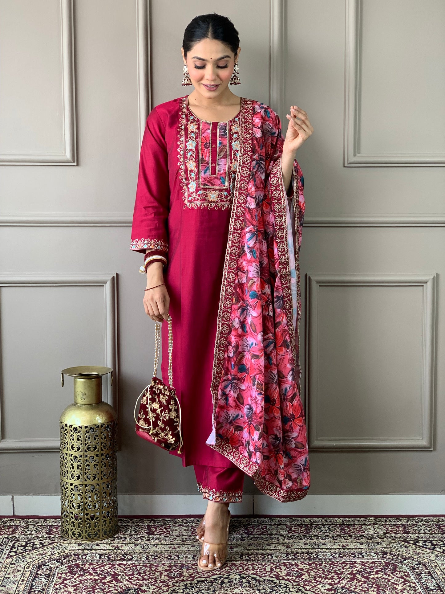Floral Handwork Chanderi Kurta Payjam Set With Dupatta-Minimum Qty -10 Pic