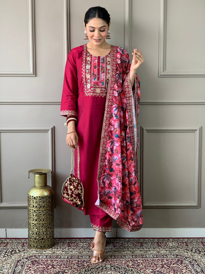 Floral Handwork Chanderi Kurta Payjam Set With Dupatta-Minimum Qty -10 Pic