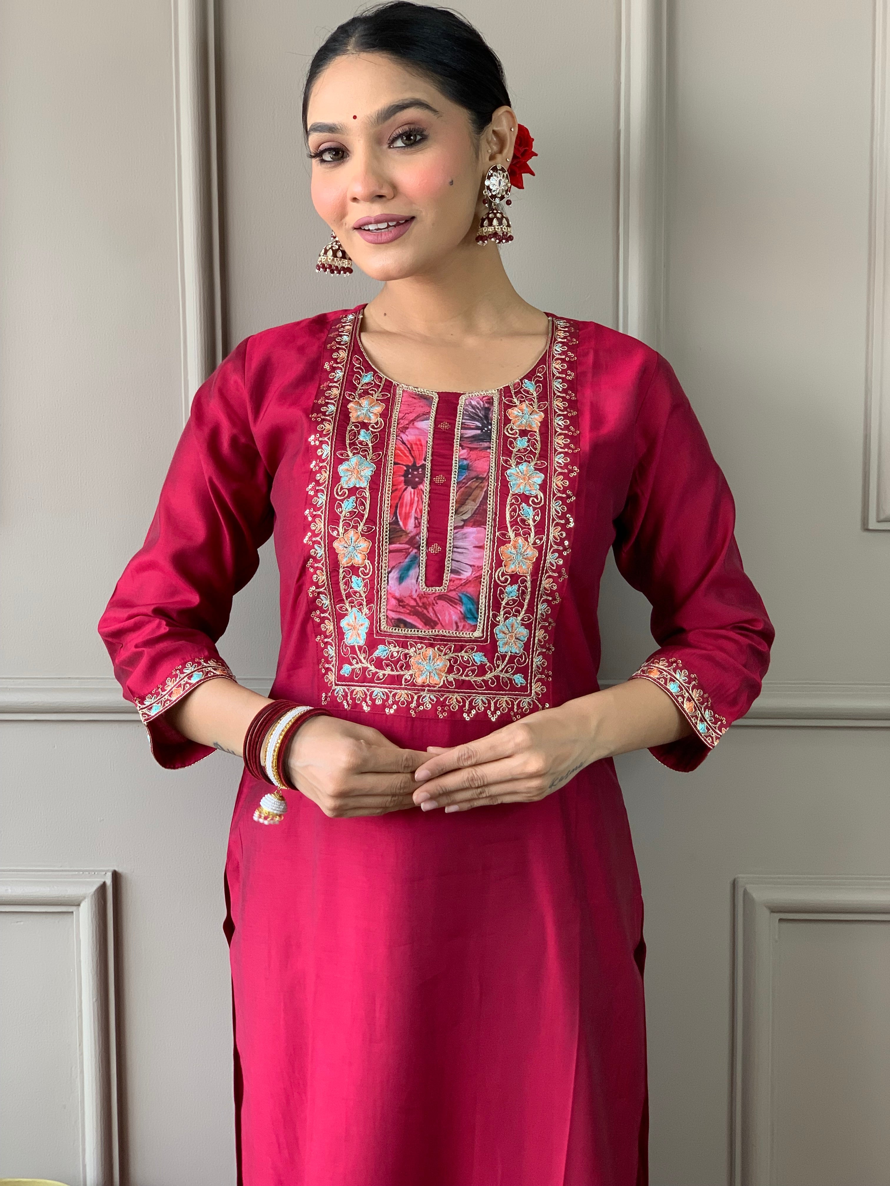 Floral Handwork Chanderi Kurta Payjam Set With Dupatta-Minimum Qty -10 Pic