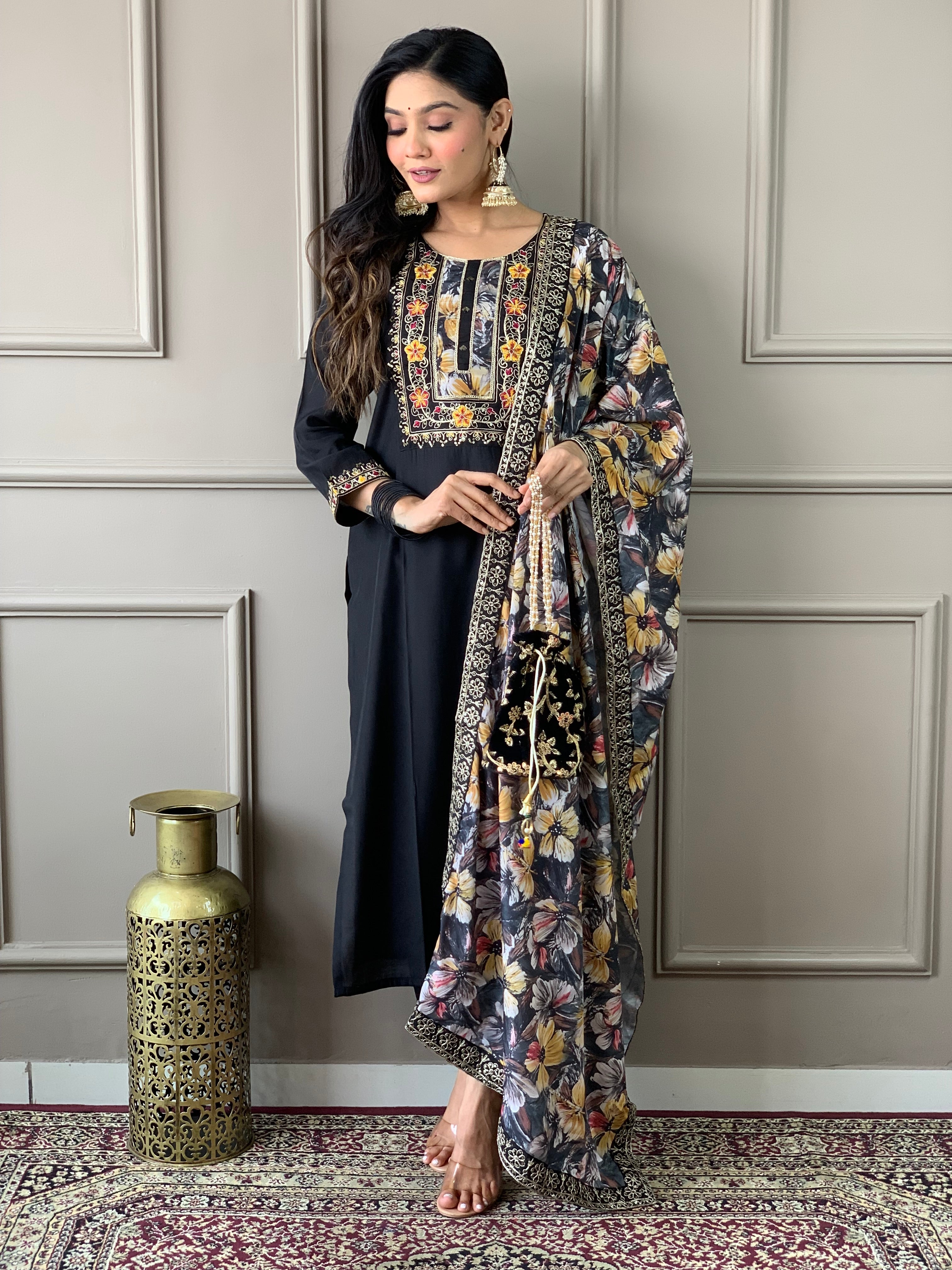 Floral Handwork Chanderi Kurta Payjam Set With Dupatta-Minimum Qty -10 Pic