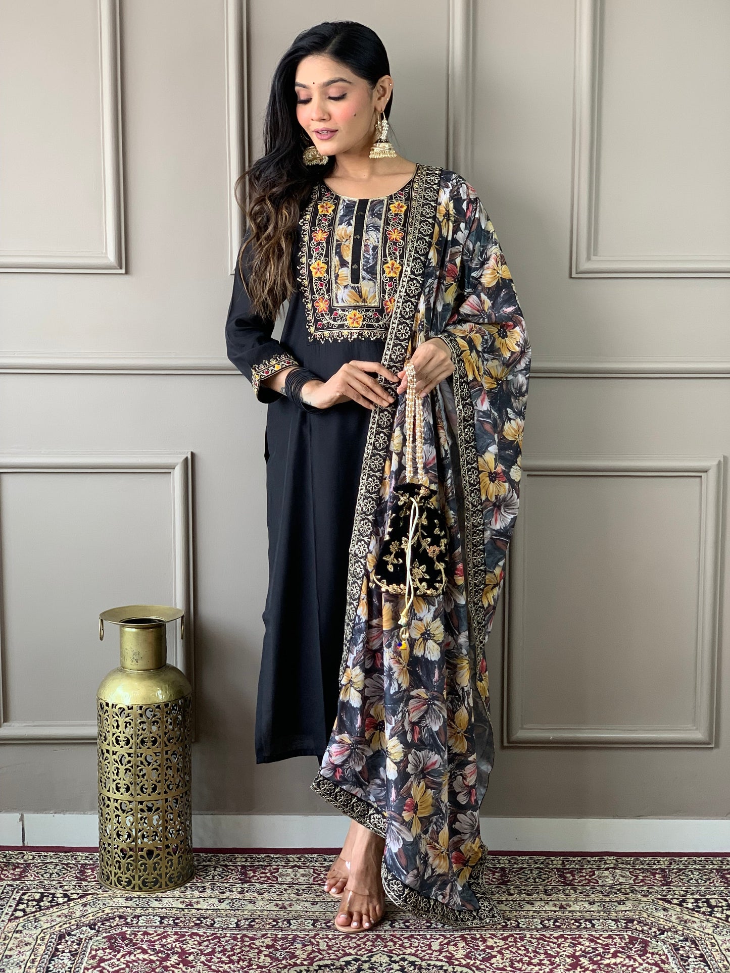 Floral Handwork Chanderi Kurta Payjam Set With Dupatta-Minimum Qty -10 Pic