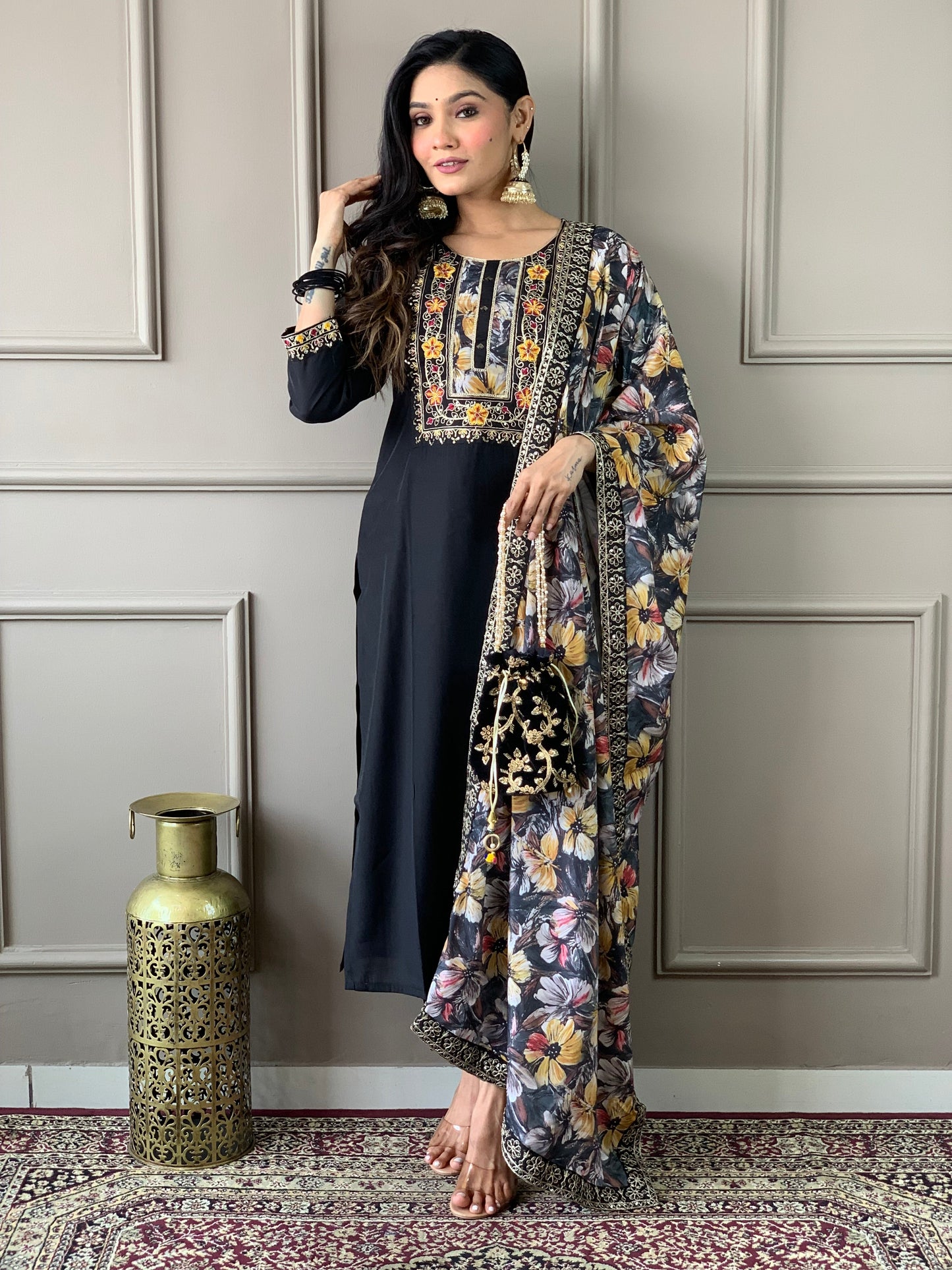 Floral Handwork Chanderi Kurta Payjam Set With Dupatta-Minimum Qty -10 Pic