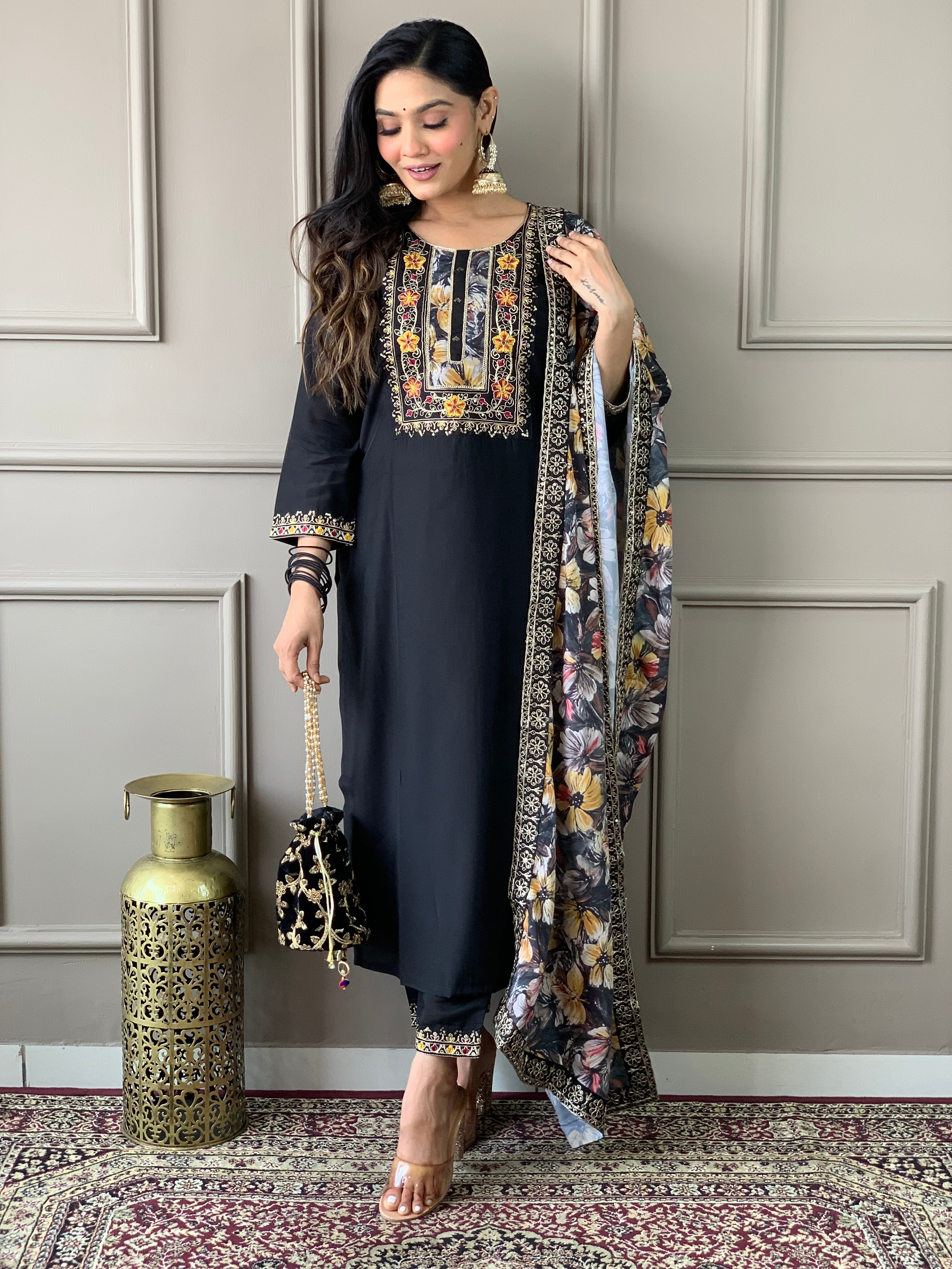Floral Handwork Chanderi Kurta Payjam Set With Dupatta-Minimum Qty -10 Pic