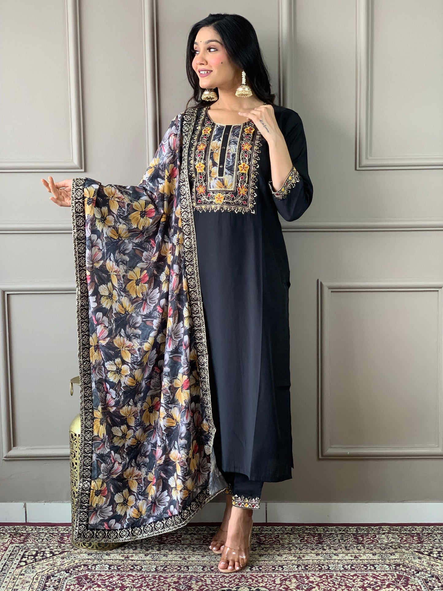 Floral Handwork Chanderi Kurta Payjam Set With Dupatta-Minimum Qty -10 Pic