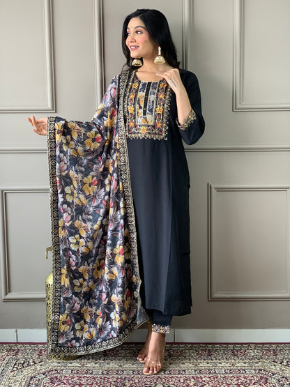 Floral Handwork Chanderi Kurta Payjam Set With Dupatta-Minimum Qty -10 Pic