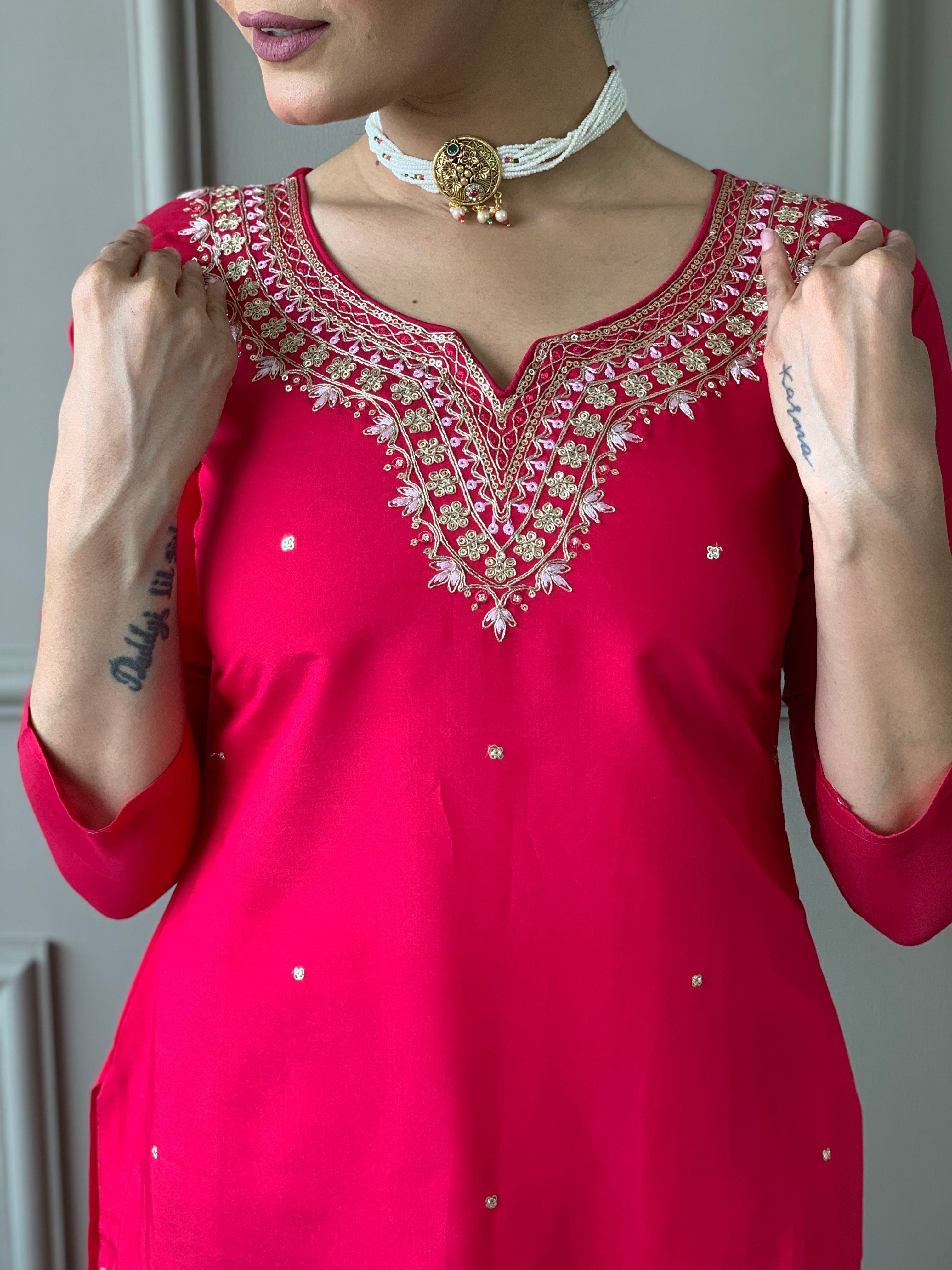 Delicate Handwork Chanderi Kurta Payjam Set With Dupatta-Minimum Qty -10 Pic