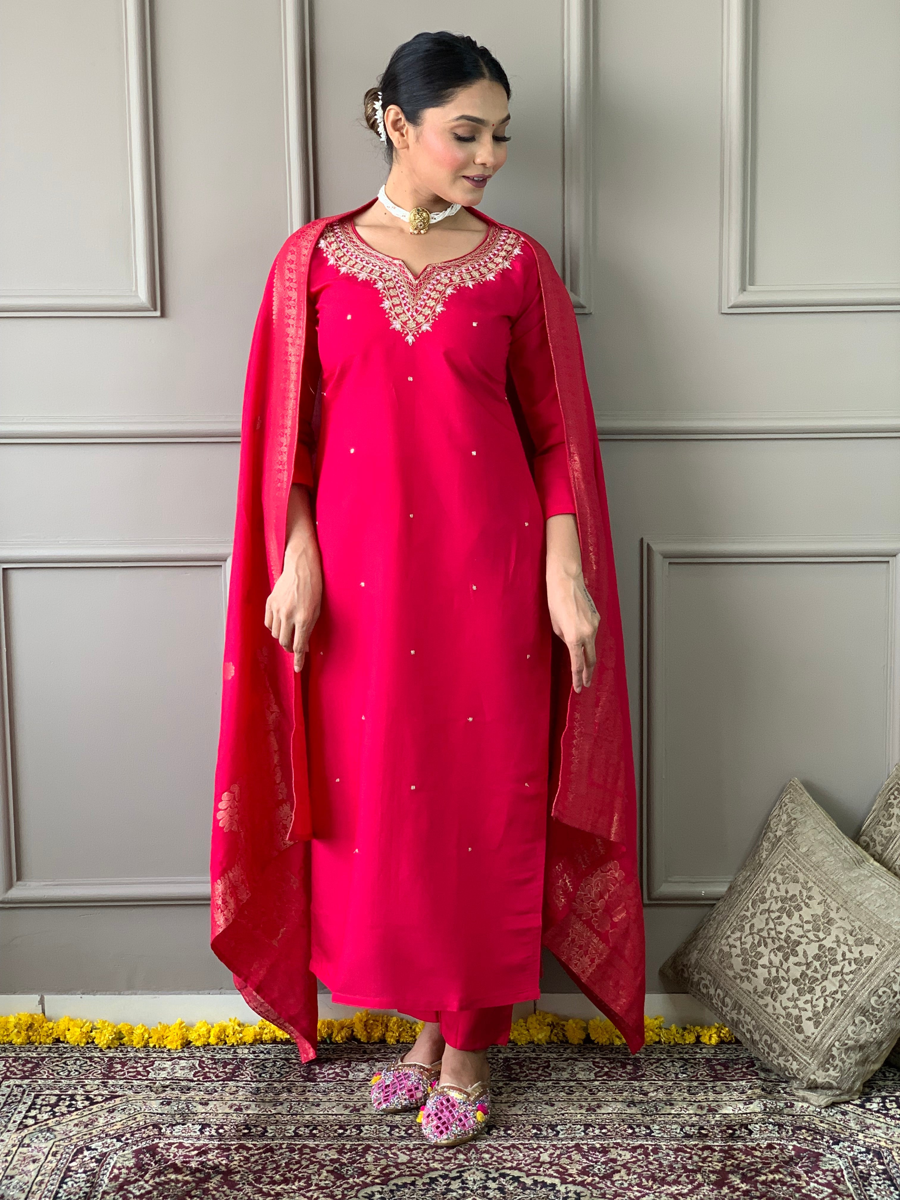 Delicate Handwork Chanderi Kurta Payjam Set With Dupatta-Minimum Qty -10 Pic
